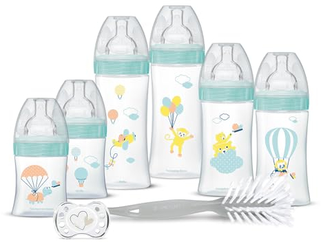 DODIE Set für Neugeborene – 6 Fläschchen gegen Koliken (2 x 150 ml; 2 x 270 ml; 2 x 330 ml), 1 anatomischer Schnuller, 0-2 Monate, 1 Flaschenbürste – BPA-frei – Grün