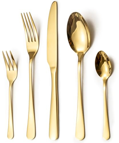 LAZAHOME Besteck Set, Edelstahl Spiegelpoliert 30 teilig Besteckset für 6 Personen, Essbesteck Set mit Messer Gabel Löffel für Familie/Party/Hotel/Restaurant, Gold Tafelbesteck, Spülmaschinenfest