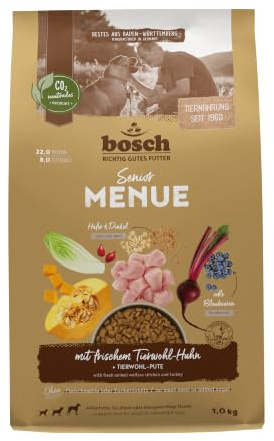 Bosch HPC MENUE Senior med djurväl-kyckling + Dinkel & havre | Torrfoder för äldre hundar av alla raser | 1 x 1 kg