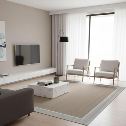 TEJIDOS EL MUNDO Alfombra vinilica de Tejido Trenzado de Alta Gama Lavable Antideslizante Alfombra Resistentes para Salon Cocina baño Pasillo - 170x240 cm., Border-Lino