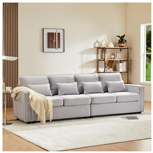 Wyibwy Sofá moderno de 4 plazas en tela de lino, sofá de cuatro plazas con bolsillos para apoyabrazos y 4 cojines, sofá de estilo simple, adecuado para sala de estar, casa, oficina (Gris)