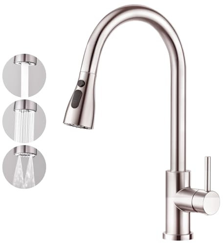 CREA Rubinetto Cucina con Doccetta a 3 Modalità, Miscelatore Cucina Girevole a 360°, Acciaio Inox Spazzolato