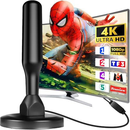 Antenna TV Interna 2026 Antenna TV Interna Amplificata Potente, Terrestre con 500 km di Ricezione con Base Magnetica, Amplificatore di Segnale Support 4K HD/1080P per HDTV(black)