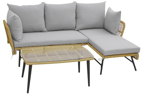 COSTWAY 3 Pieces Rattan Garden Furniture Set, L Shaped Patio Conversation Set with Cushions, Lounge & Tempered Glass Table, Outdoor Sectional Corner Sofa Set for Yard, Poolside and Lawn (Grey)