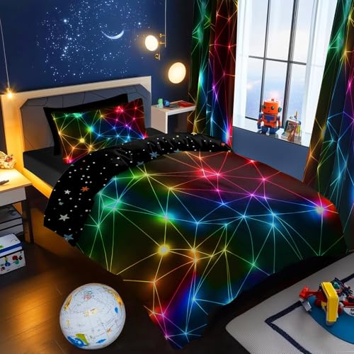 BlessLiving Kids' Duvet Cover Set: Premium Brushed Microfiber 2-Piece Single Bedding Set - Comfy Single Quilt Cover with Triangle Retro Neon Design for Teens Boys Girls Bedroom
