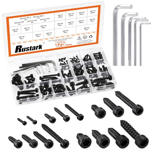 Rustark 125Pcs 16 Sizes Black Hex Socket Cap Head Self Tapping Screws with Hex Wrench 304 Stainless Steel M2-M6 Socket Cap Wood Screws Metric Hex Drive Head Cap Self Drilling Screw for Wood Machinery