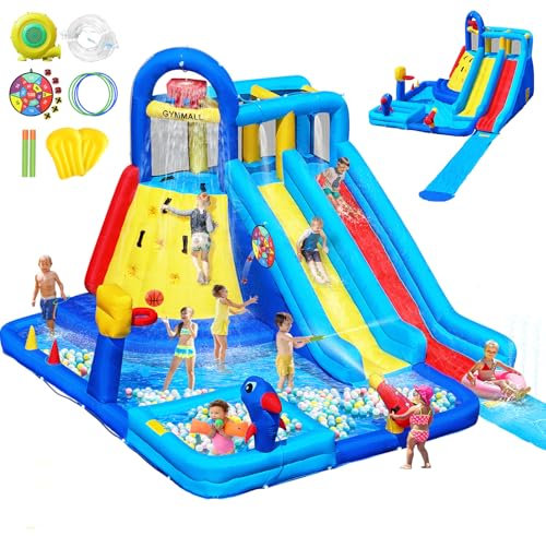 GYMMALL Water Bounce House Double Slide for Kids 3-10, Extra Large Inflatable Bouncy Castle with Long Water Slide, 550W Air Blower Ball Pit Swim Pool Climbing, Bouncy House for Party Birthday Event