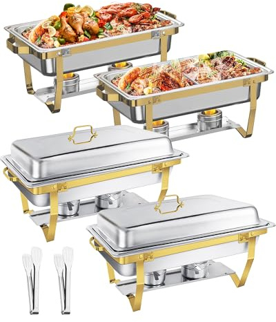 WENMILY Chafing Dish Buffet Set 9L [Elegant Gold and Silver], 4 Pack Gold Chafing Dishes [Rolled Edge Design], Stainless Steel Food Warmer for Catering Buffet and Any Party