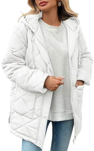 HOTIAN Womens Quilted Puffer Jackets Hooded Long Sleeve Full Zipper Casual Winter Lightweight Diamond Coats with Pockets(White-S)