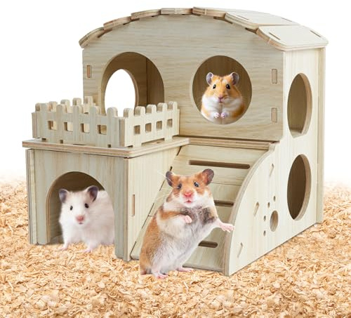 Wsetyy Wooden Hamster House, Hamster Hideout Habitats, Double-Decker Small Animal Cage Habitat House for Dwarf Hamsters Gerbils Mice (Style A)