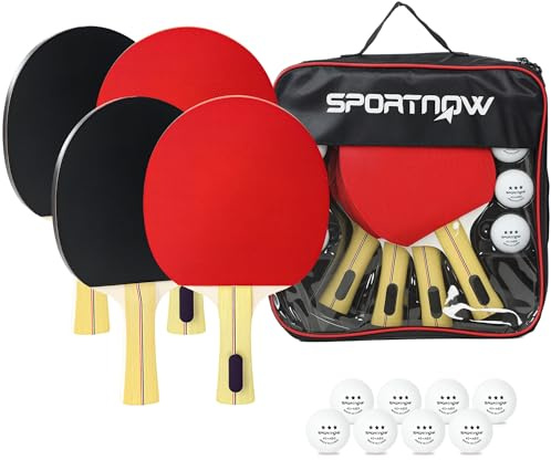 SPORTNOW Set di Racchette da Ping Pong e Palline, Set 4 Racchette per Tennis da Tavolo con Custodia per Principianti e Professionisti, Rosso e Nero