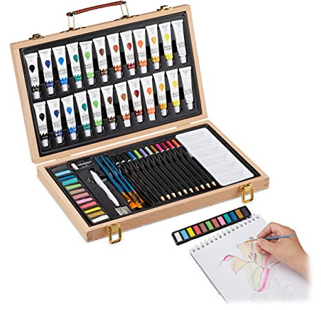 Relaxdays Malkoffer, 56-tlg. Malset Holz, Zeichenset mit Radierer, Anspitzer, Bunt- & Bleistiften, Acrylfarben, natur, 27 x 37 x 5 cm