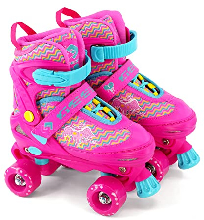 Kids Adjustable Quad Roller Skates, Pink Roller Skates For Girls, 4 Wheel Skates Adjustable Sizes, Pink Colour (Small/UK 11-1; EU 30-33/)