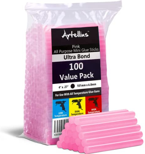Artellius Hot Glue Sticks. Glue Gun Stick. Hot Melt Adhesive Mini Glues Sticks for DIY Art Craft Repair Bonding (Pink-Glitter, 100-Pack)