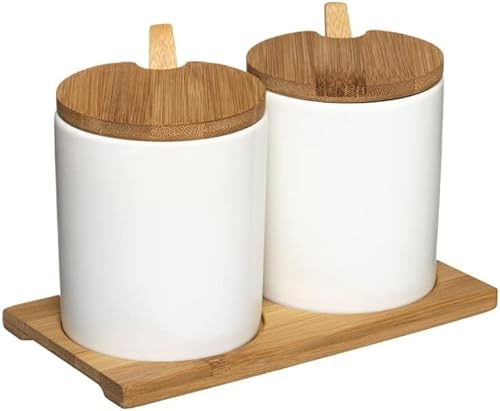 Juego Azucarero Porcelana Blanca Con Bandeja Bambu