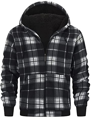 geeksport Veste Polaire Homme à Capuche Sweats Flanelle à Carreaux Zippé Veste Chemise Chaude Doublé Sweat-Shirt Avec Poches Pour D'automne D'hiver 0569 Noir M