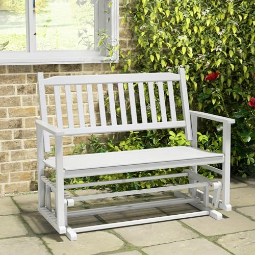 GIANTEX Banc de 2 places pour extérieur, chaise en bois de peuplier pour patio, siège et dossier à lattes avec accoudoirs, chaise à bascule pour jardin, terrasse, balcon, blanc, QS44777ZK