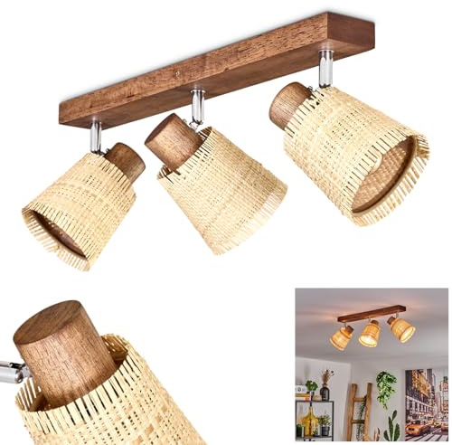 Lindberg ceiling light, modern ceiling lamp made of wood/metal/bast in dark brown/chrome/natural colours, Scandinavian-style 3-burner lamp with adjustable spotlights, 3 x E14, bulbs not included