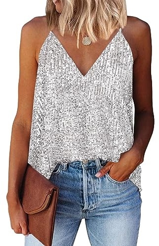 AirMood Women Sexy V Neck Sparkle Shimmer Tank Vests Sequins Tops Las Vegas Disco Sequin Tank (Silvery White,XL)