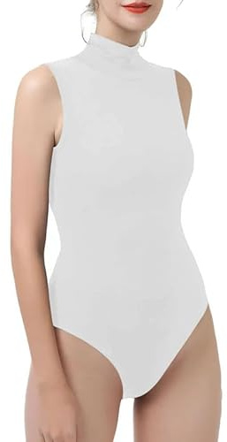 Prime fashions Women`s Sleeveless Turtle Neck Bodysuit Sexy Leotard Gymnastics clubbing Body Top White S-M