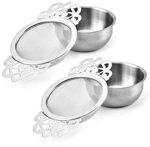 SULIVES 2-Pack Tea Strainers, Stainless Steel Fine Mesh with Drip Bowls - Loose Leaf Tea Filter