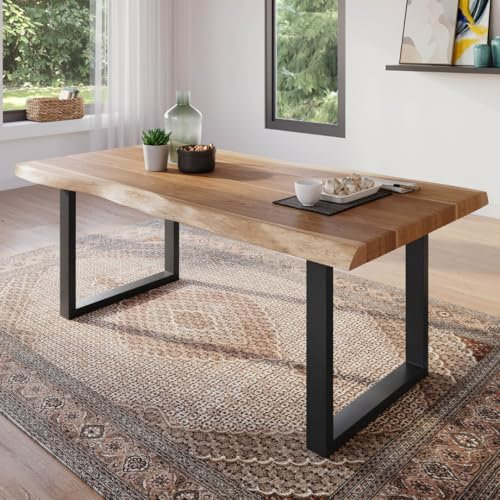 trelevo Esszimmertisch 160x85 cm, Akazienholz massiv, Tischplatte naturfarben, echte Baumkante, U-Gestell schwarz, Baumkantentisch