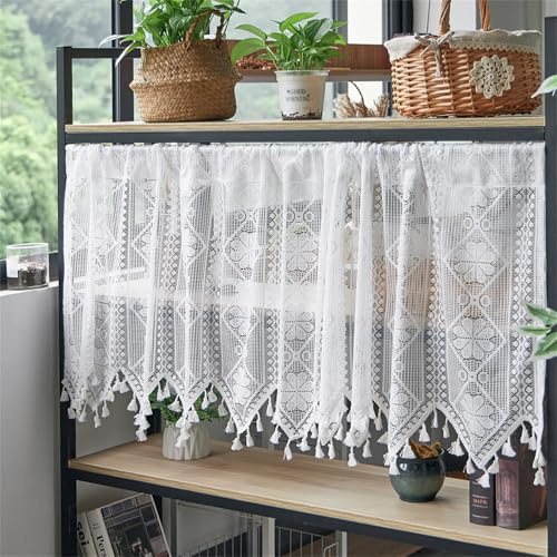 Rideau brise-bise transparent avec broderie style maison de campagne bohème, court, broderie creuse, pour salle à manger, salle de bain, petite fenêtre, 1 pièce, l x H 130 x 60 cm, blanc