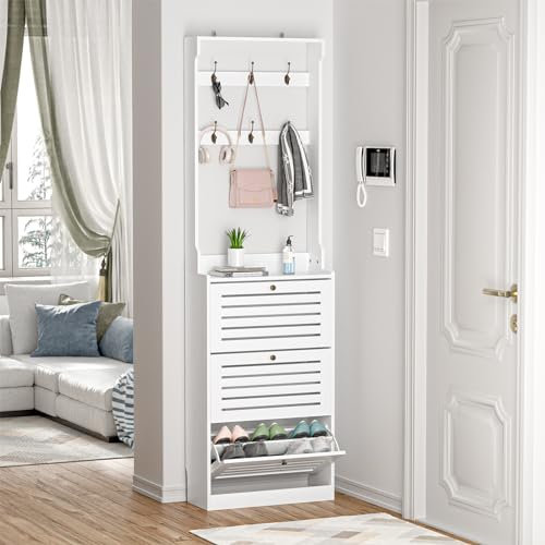 Yvsevnr Zapatero Estrecho de Madera con 3 Puertas Armario Zapateros Entrada Recibidor con Perchero y 6 Ganchos, Blanco, Antivuelco, para 14-18 Pares, para Entrada, Salón, Pasillo 24 x 60 x 200 cm