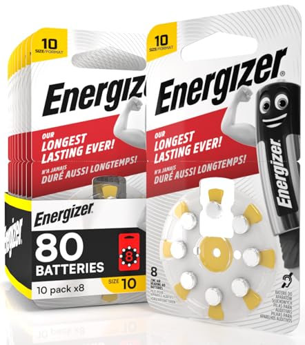80 Batterie Acustiche Energizer per Apparecchi Acustici Auricolari Misura 10 Giallo Senza Mercurio - 10 Confezioni da 8 Pile