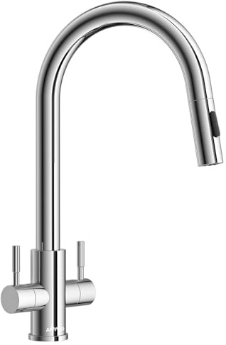 APPASO Kitchen Tap Dual Lever, Polished Chrome 2 Handles Monobloc Kitchen Mixer Taps 1 Hole with Pull Out Sprayer 2 Modes 360°Swivel, High Arch Mono Sink Faucet Twin Lever High Pressure