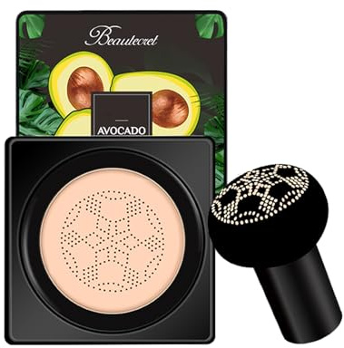 MTUVKGT Base de Maquillaje CC Crema con Cushion de Aire y Cabeza de Champiñón - Crema BB de Cobertura Total con Agua de Aguacate, Corrector Antiedad,Maquillaje Larga Duración 12H (01-IVORY)