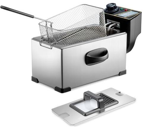 CROWNSHOP Deep Fat Fryer 3L 2000W Stainless Metal Adjustable Temperature Control Deep Non-Slip Easy Clean Fryer with Basket Lid Silver (3L)