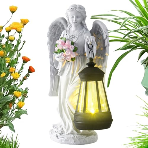 Angelo solare, statua per esterni, decorazione commemorativa, design con fiori in resina, luce a LED, perfetta per giardino, patio, cimitero, cortile, passerella, giardino anteriore