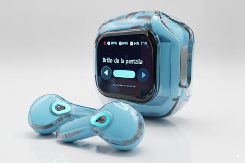 QUOX Air MAX Q20 Auriculares Bluetooth con Pantalla LCD Táctil Multifunción – Estuche con Indicador Digital, Auriculares Inalámbricos Estéreo HD con Cancelación de Ruido (Celeste)