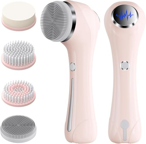 Rkdely Elektrische Gesichtsreinigungsbürste, 2 in 1 Gesichtsbürste Mit 4 Bürstenköpfen, EMS Gesichtsmassagegerät mit Heizung Wasserdichte Gesichtsreinigung Tiefenreinigung für alle Hauttypen (Rosa)