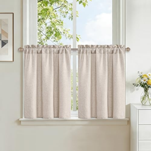 DWCN Fönstergardiner modern sandfärg gardiner kort H 45 x 60 cm, 2 stycken | Gardiner, linne med stånggenomföring köksgardiner för bistrogardin, skåpgardin, vardagsrum, fönstergardiner, lantlig stil