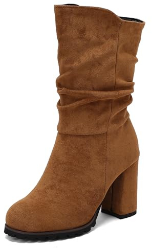 LarDorLin Suède Mi-Mollet Bottes Slouch Femme A Enfiler Bout Rond Hiver Warm Bloc Hauts Chelsea Bottines Marrón Taille 36 EU
