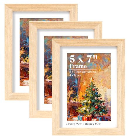 HOUSE DAY 7x5 Photo Frames,100% Solid Wood 5x7 Picture Frame OAK Wooden | Photo Frame with 6x4 Mount Tabletop and Wall Mounting for Family,Landscape,Pet Memorial,Wedding,Pack of 3