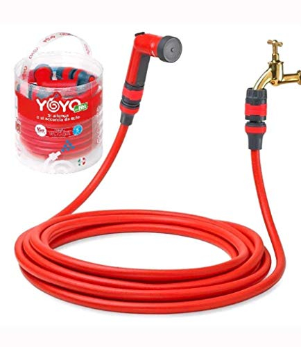 YOYO 8mt, il tubo da giardino estensibile a 8 metri, compatto, leggero e robusto, pistola, connettori e attacco rapido con aquastop. Confezione in italiano. YOYO, quello rosso prodotto in Italia