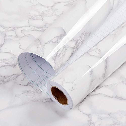 practicalWs Glossy Marble Contact Paper Granite White/Grey Kitchen Countertop Cabinets Furniture Refurbishment Wall Paper Thick Removable Wallpaper Peel and Stick Wall Decor Vinyl Wrap 11.8x78.7