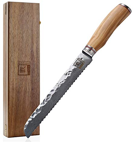 zayiko Minami Brotmesser mit Wellenschliff 20 cm – Bread Knife aus 67 Lagen Damaststahl mit VG10 Kern und Hammerschlag, Härtegrad 60±2 HRC, Olivenholz-Griff, Holzbox, ideal für Brot und Brötchen