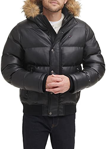 Tommy Hilfiger Men's Quilted Arctic Cloth Snorkel Bomber Jacket with Removable Hood (Standard and Big & Tall), Black Faux Leather, X-Large