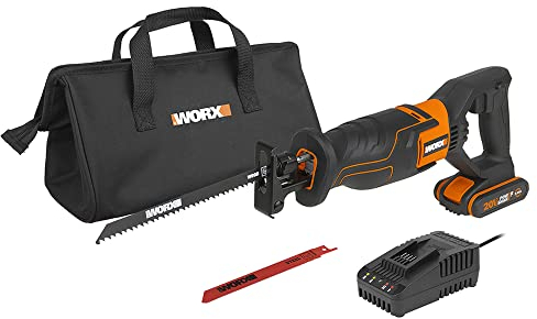 WORX WX500 Sierra de sable 20V PowerShare, Batería 2Ah, Control de velocidad variable, Cambio de cuchillas sin herramientas, Patín pivotante ajustable