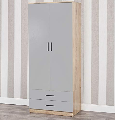 URBNLIVING Tall Wooden 2 Door Oak Wardrobe With 2 Drawers Bedroom Storage Hanging Bar Clothes (Oak Carcass + Grey Drawers)