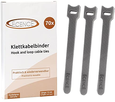 ECENCE Klettband Kabelbinder wiederverschließbar 70 Stück Klett Kabelbinder 15x1,2cm Grau Kabelklett wiederverwendbar, Klettbinder