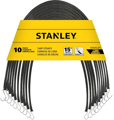 STANLEY S300415 Black 15 Rubber Tarp Bungee Cords for Boating, Camping, Cargo Support, 10 Pack