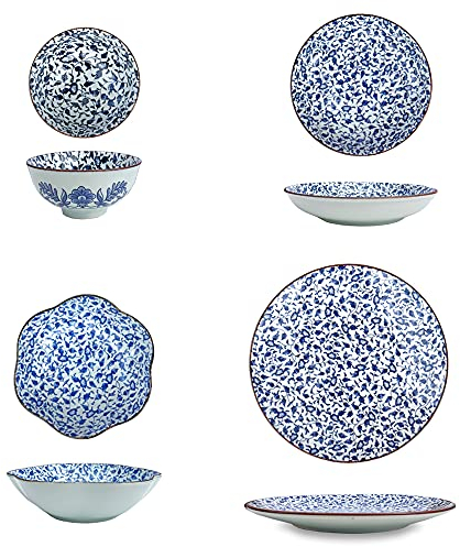Ablerhome Decoration Set of 4 Blue Flower Ceramic Dinnerware Japanese Style Crockery Pieces Side Dish Serving Buffet Sushi Platter Tableware Kitchen Accessories New Gift (Mixed Set)