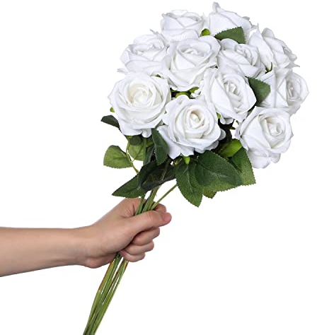 huaao Lot de 12 Roses Fleurs Artificielles Blanche de Soie avec Tige Longue Faux Bouquet Floraux pour Décoration Mariage Mariée Maison Fête d'anniversaire Décor Floral Centres Table Jardin