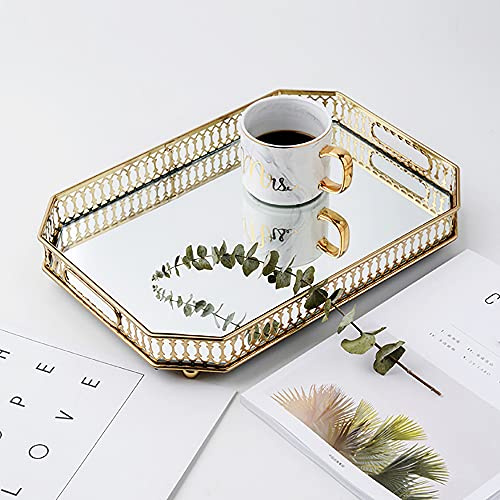 Dekorativ bricka sminkbricka gyllene spegelglas förvaringsfack spegelbricka speglad dekorativ bricka serveringsbricka smycken parfym arrangör för toalettbord, byrå, badrum (rektangulär)