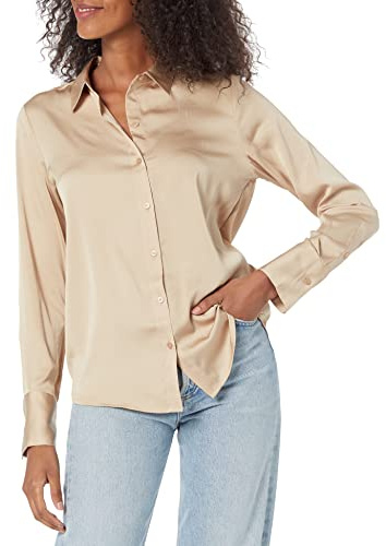 Amazon Essentials Chemise Boutonnée en Satin, Coupe Classique (Disponible en Grande Taille) Femme, Havane, XXL